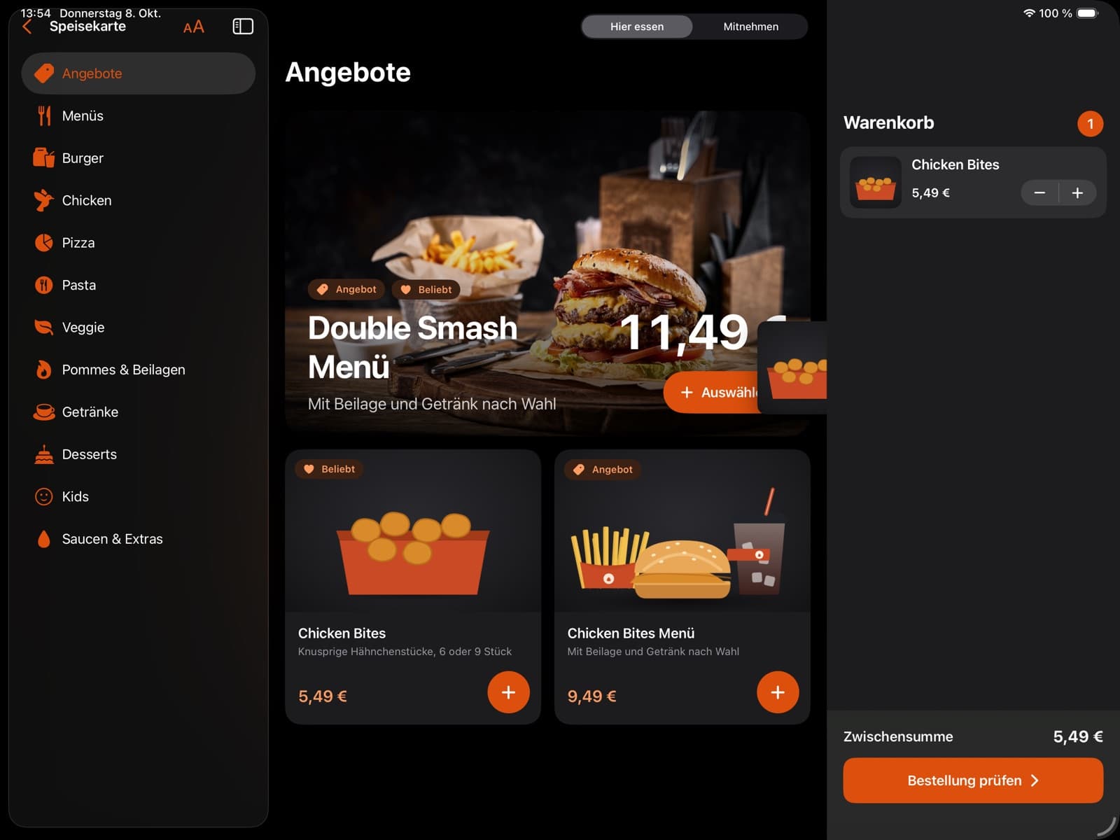 Kiosk-App: Produkt fliegt in den Warenkorb, der Warenkorb zeigt Chicken Bites für 5,49 €
