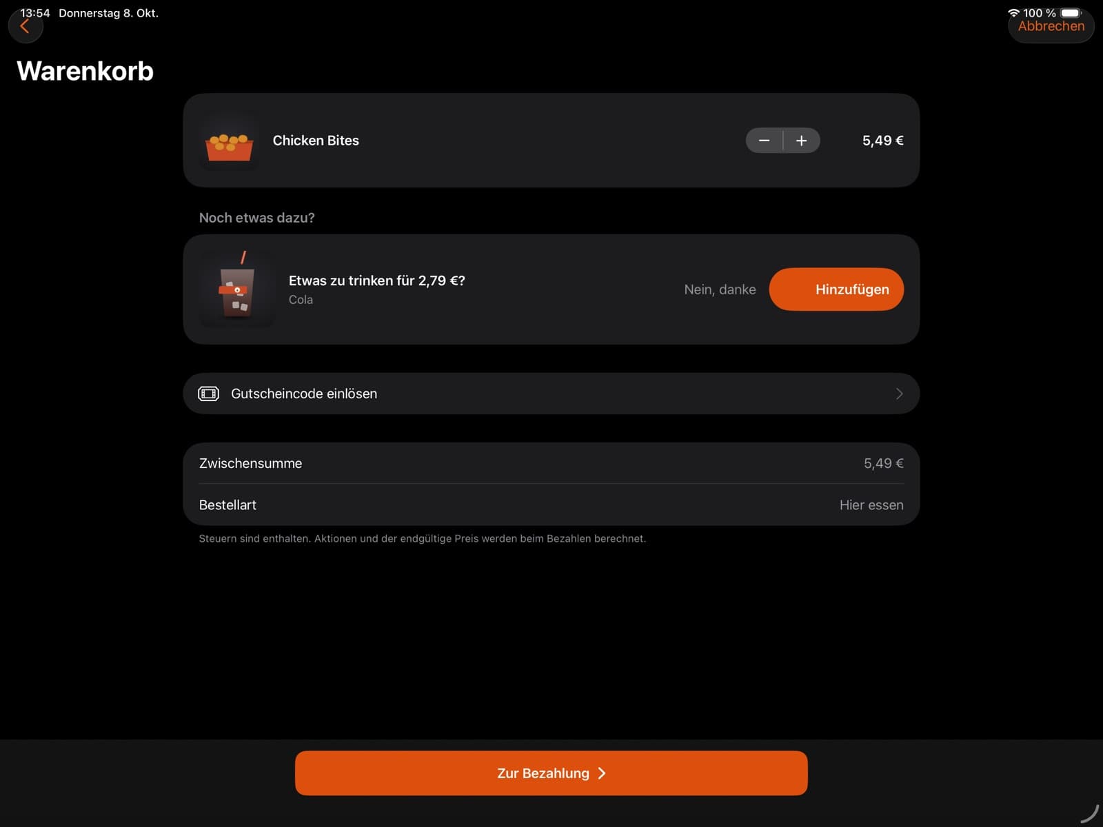Kiosk-App: Warenkorb mit Vorschlag „Noch etwas dazu?“, Gutscheincode und Zwischensumme