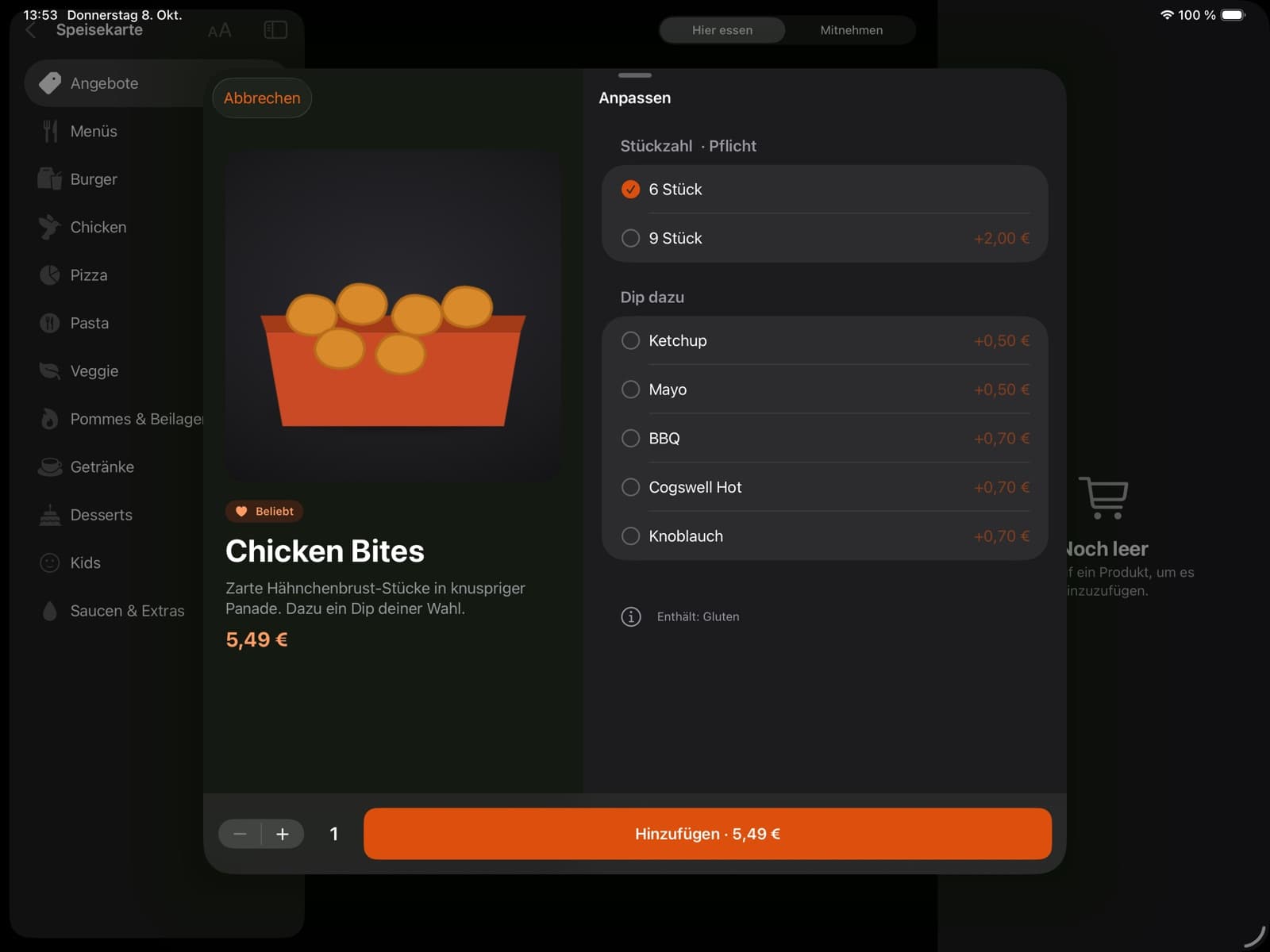 Kiosk-App: Konfigurator für Chicken Bites mit Pflichtwahl Stückzahl und Dips mit Aufpreis