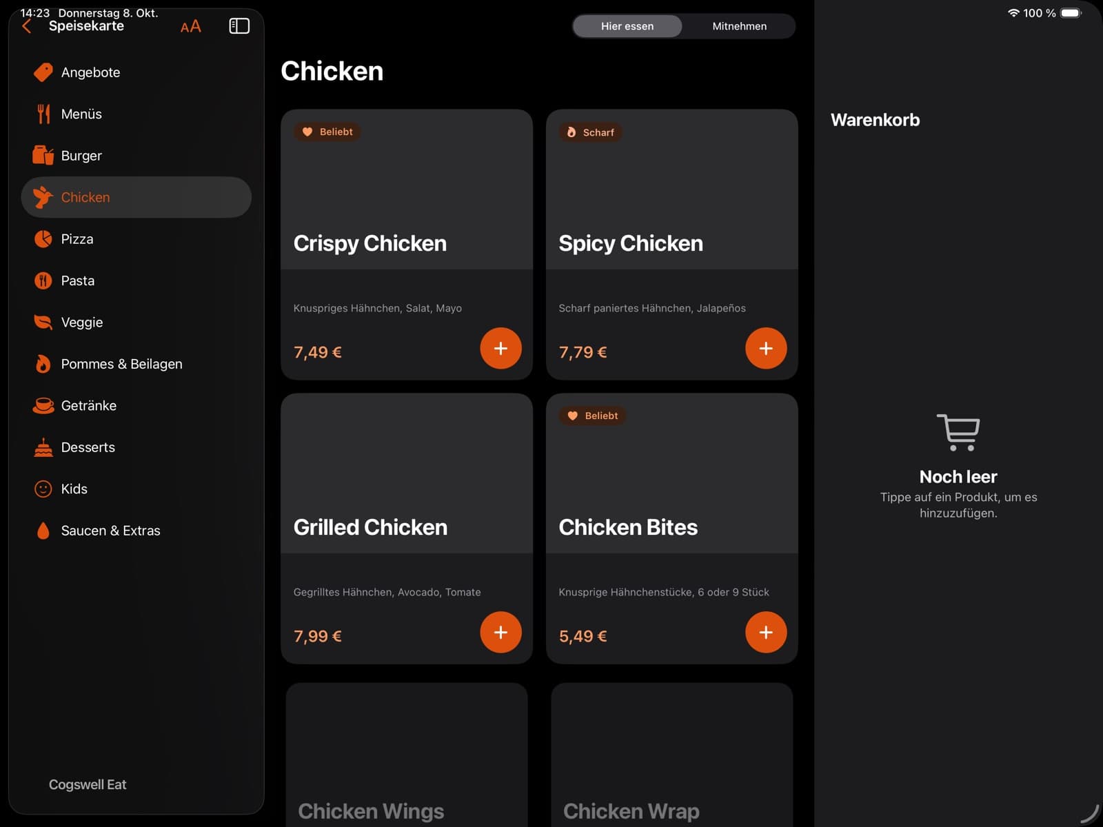 Kiosk-App: Kategorie Chicken, Produkte ohne Foto erscheinen als typografische Kacheln
