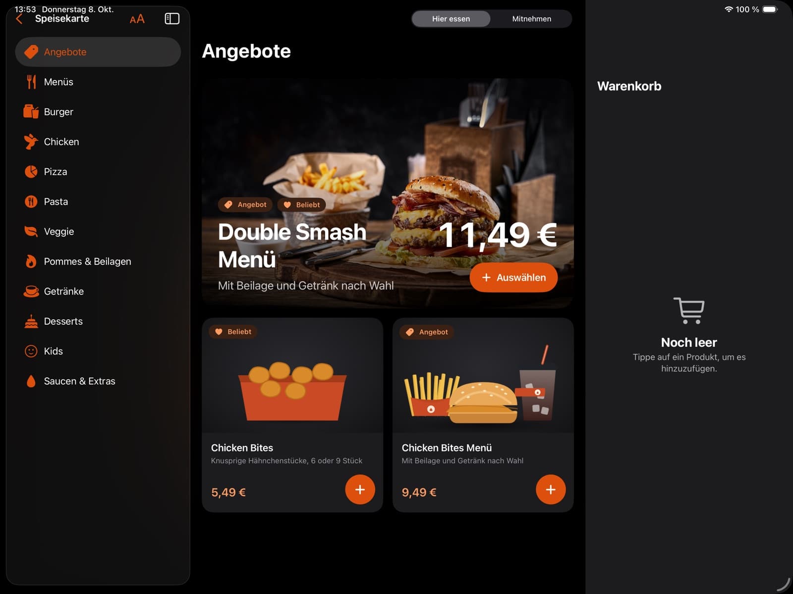 Kiosk-App: Speisekarte mit Kategorienleiste, Angeboten und leerem Warenkorb rechts