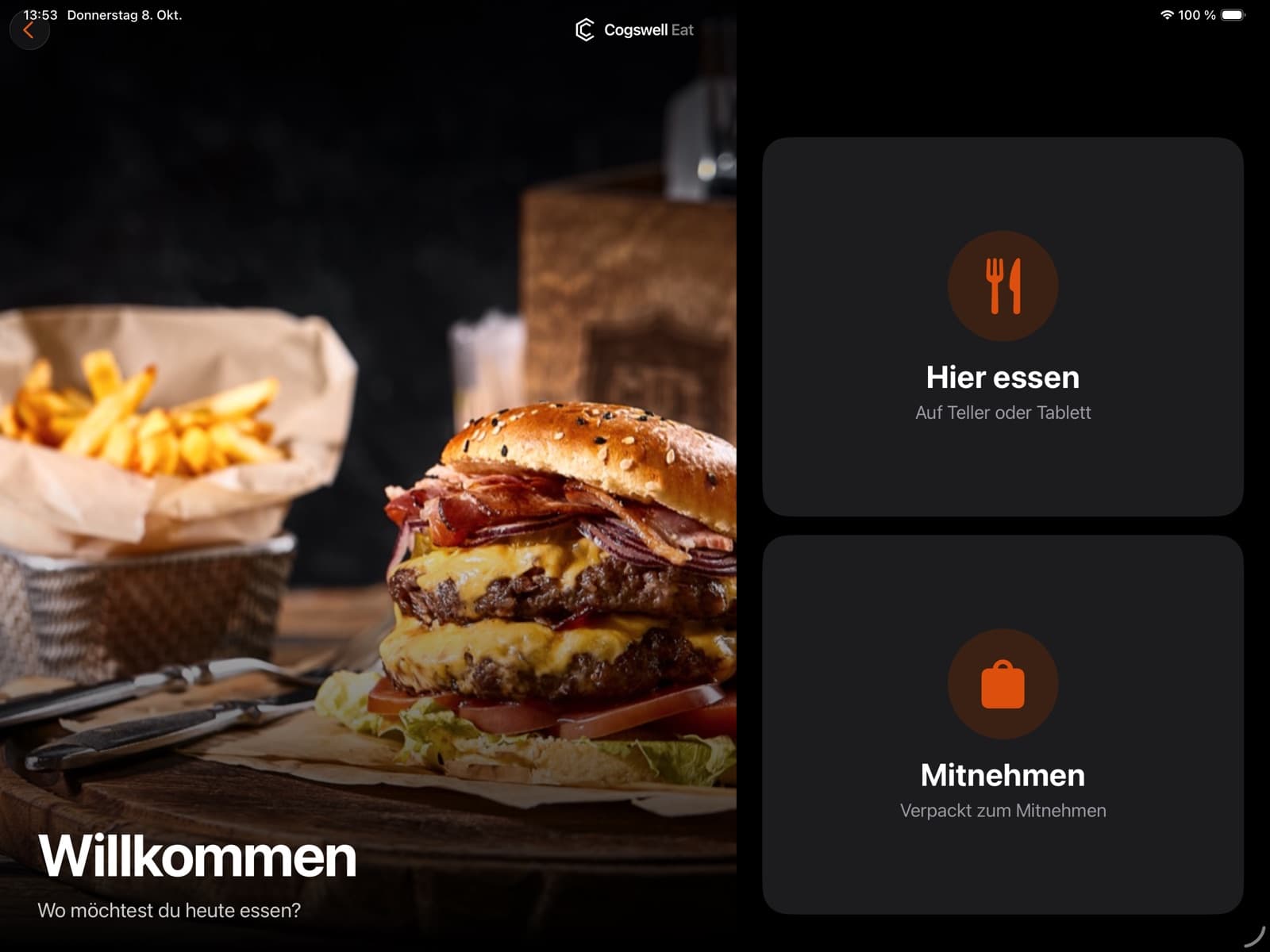 Kiosk-App: Willkommensbildschirm mit der Wahl „Hier essen“ oder „Mitnehmen“