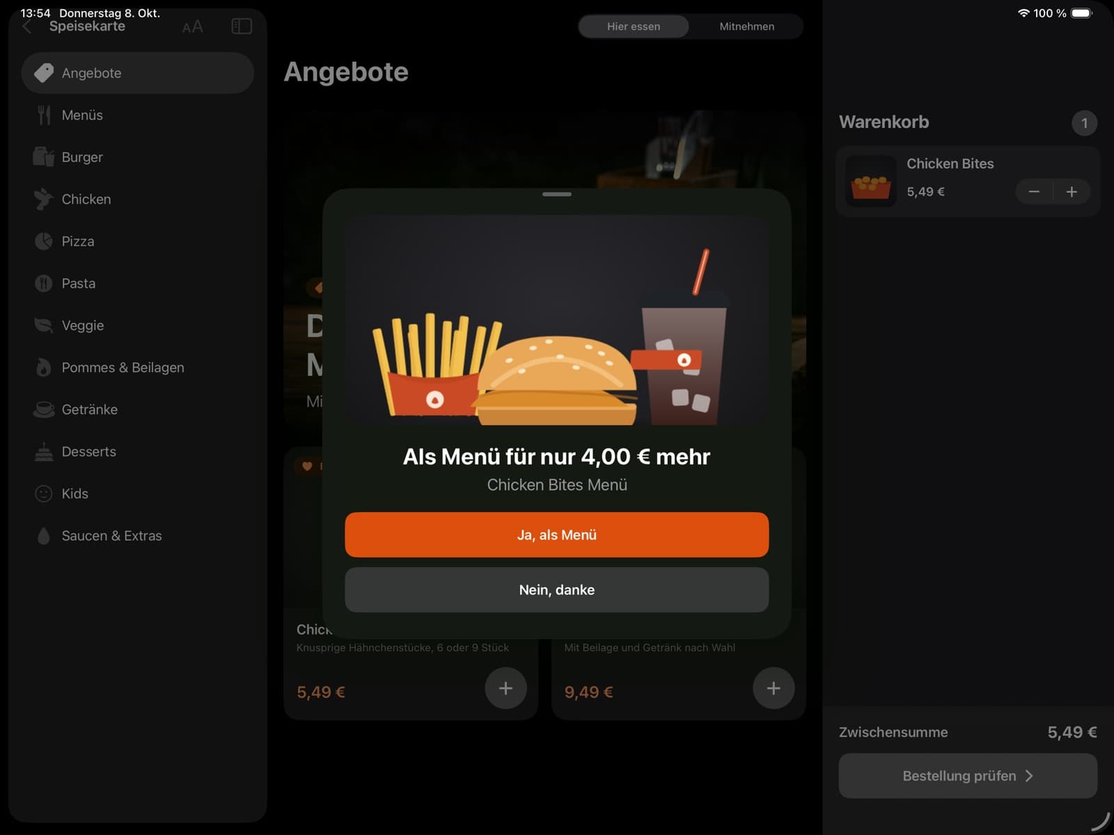 Kiosk-App: Upsell-Dialog „Als Menü für nur 4,00 € mehr“ mit den Tasten „Ja, als Menü“ und „Nein, danke“