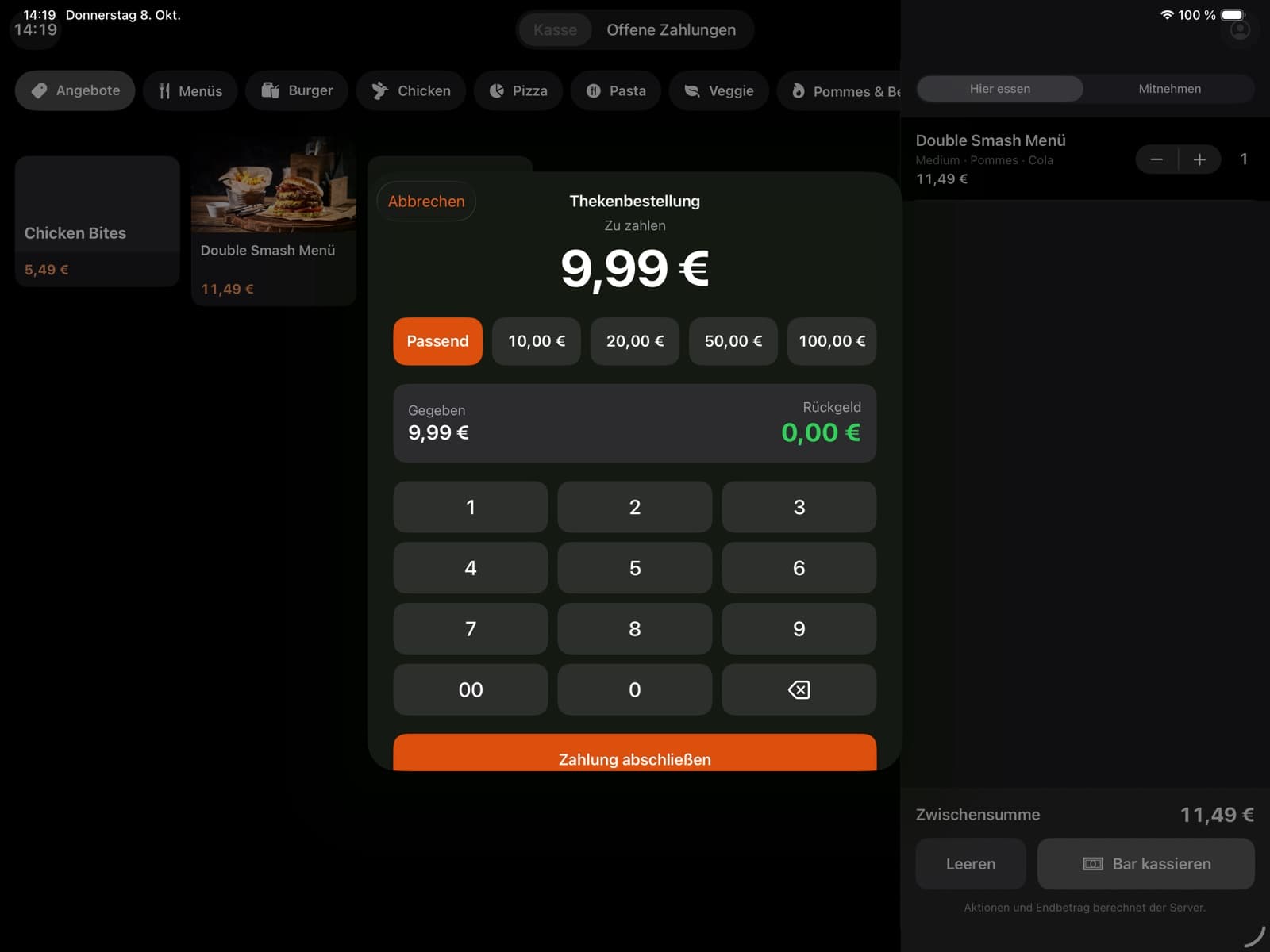 Kasse auf dem iPad: Barzahlung über 9,99 € mit Schnellbeträgen, Ziffernblock und Rückgeld