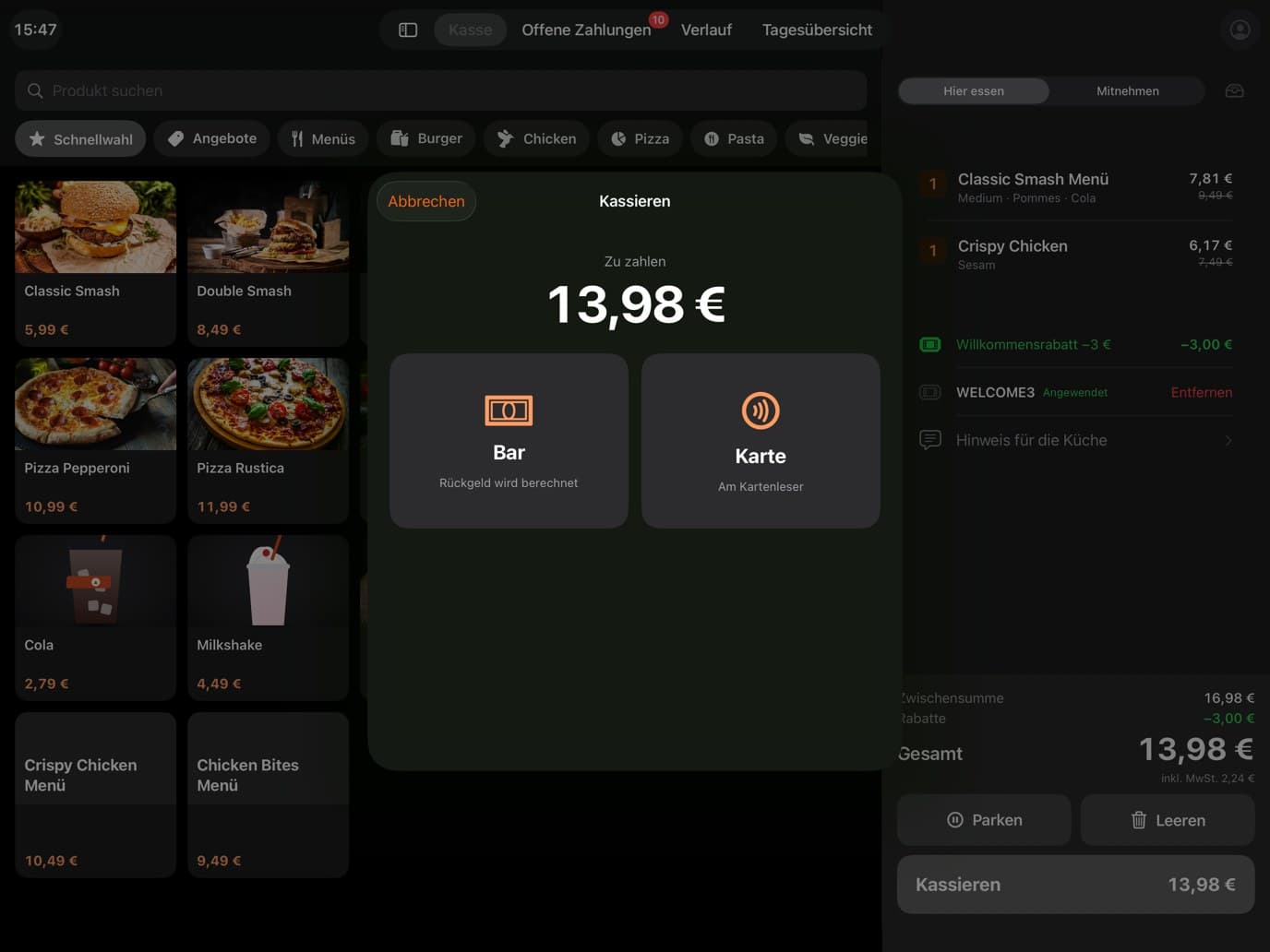 Kasse auf dem iPad: Kassieren-Dialog „Zu zahlen 13,98 €“ mit den Zahlarten Bar (Rückgeld wird berechnet) und Karte (am Kartenleser)