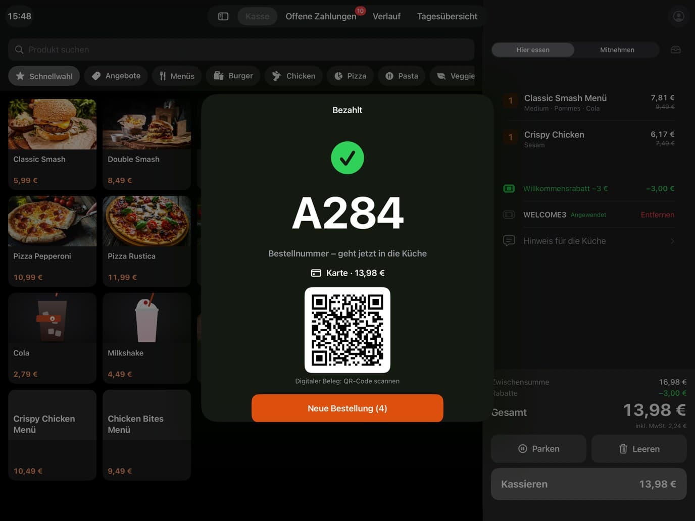 Kasse auf dem iPad: Kartenzahlung bezahlt, Bestellnummer A284, Karte 13,98 € und QR-Code für den digitalen Beleg