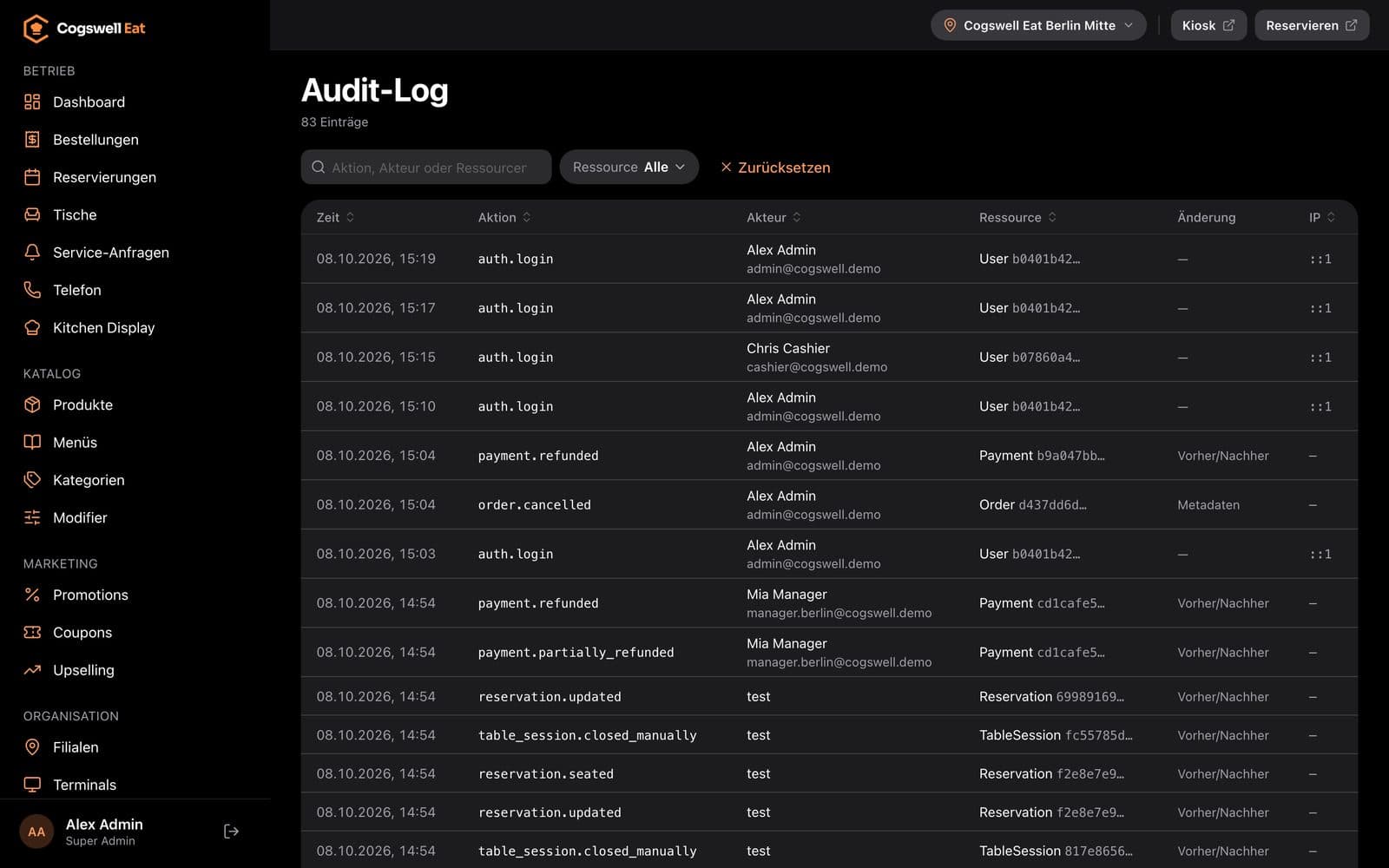 Backoffice: Audit-Log mit Zeit, Aktion, Akteur, Ressource und Vorher/Nachher