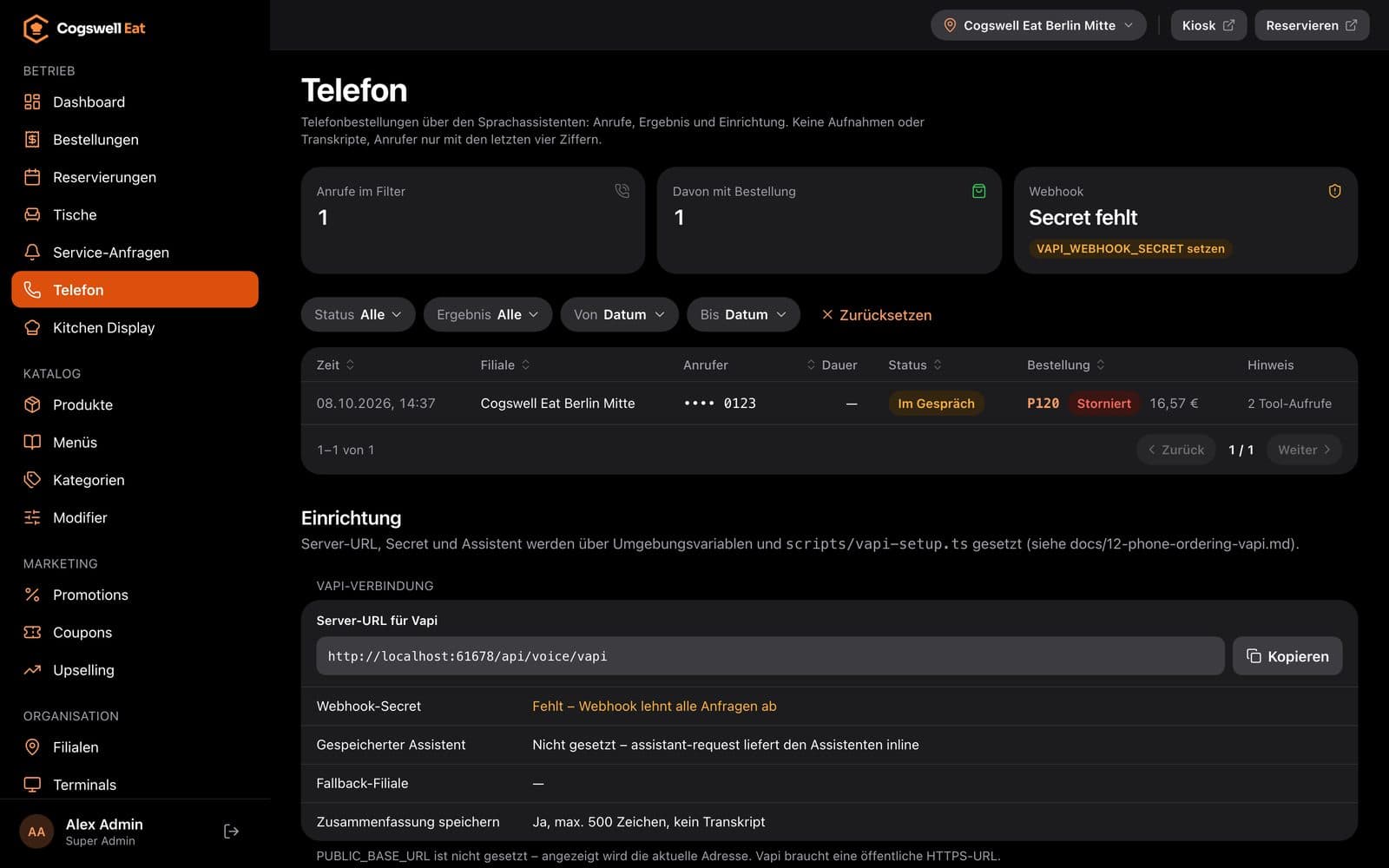 Backoffice: Telefonbestellungen mit Anrufliste und Einrichtung des Sprachassistenten