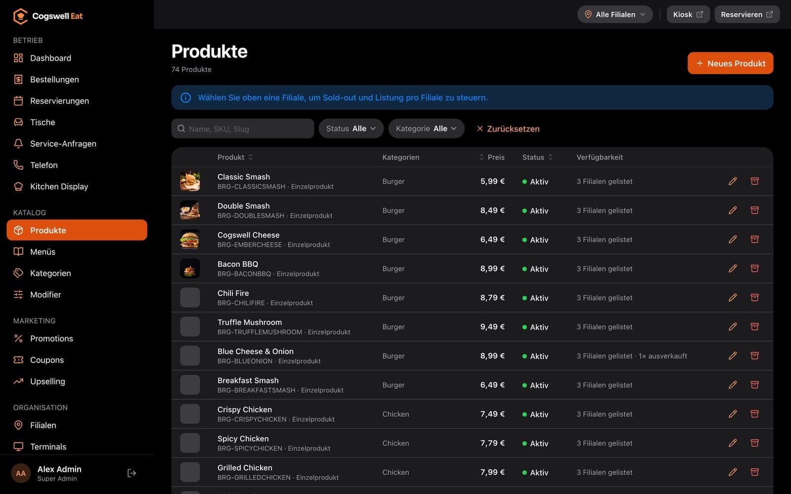 Backoffice: Produktliste mit Kategorie, Preis, Status und Verfügbarkeit je Filiale