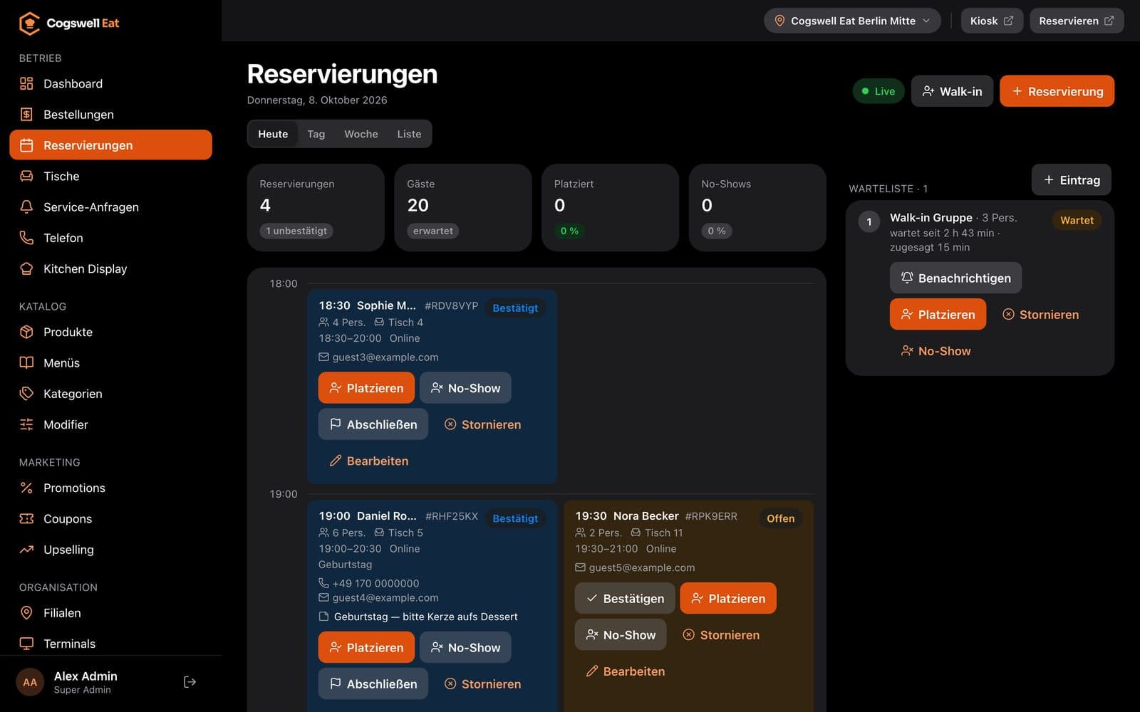 Backoffice: Reservierungen des Tages mit Platzieren, No-Show, Walk-in und Warteliste