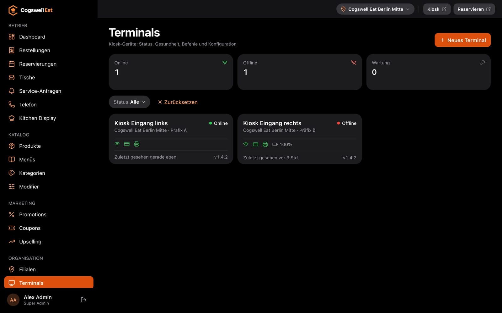Backoffice: Terminals mit Online-Status, Version und Gerätezustand
