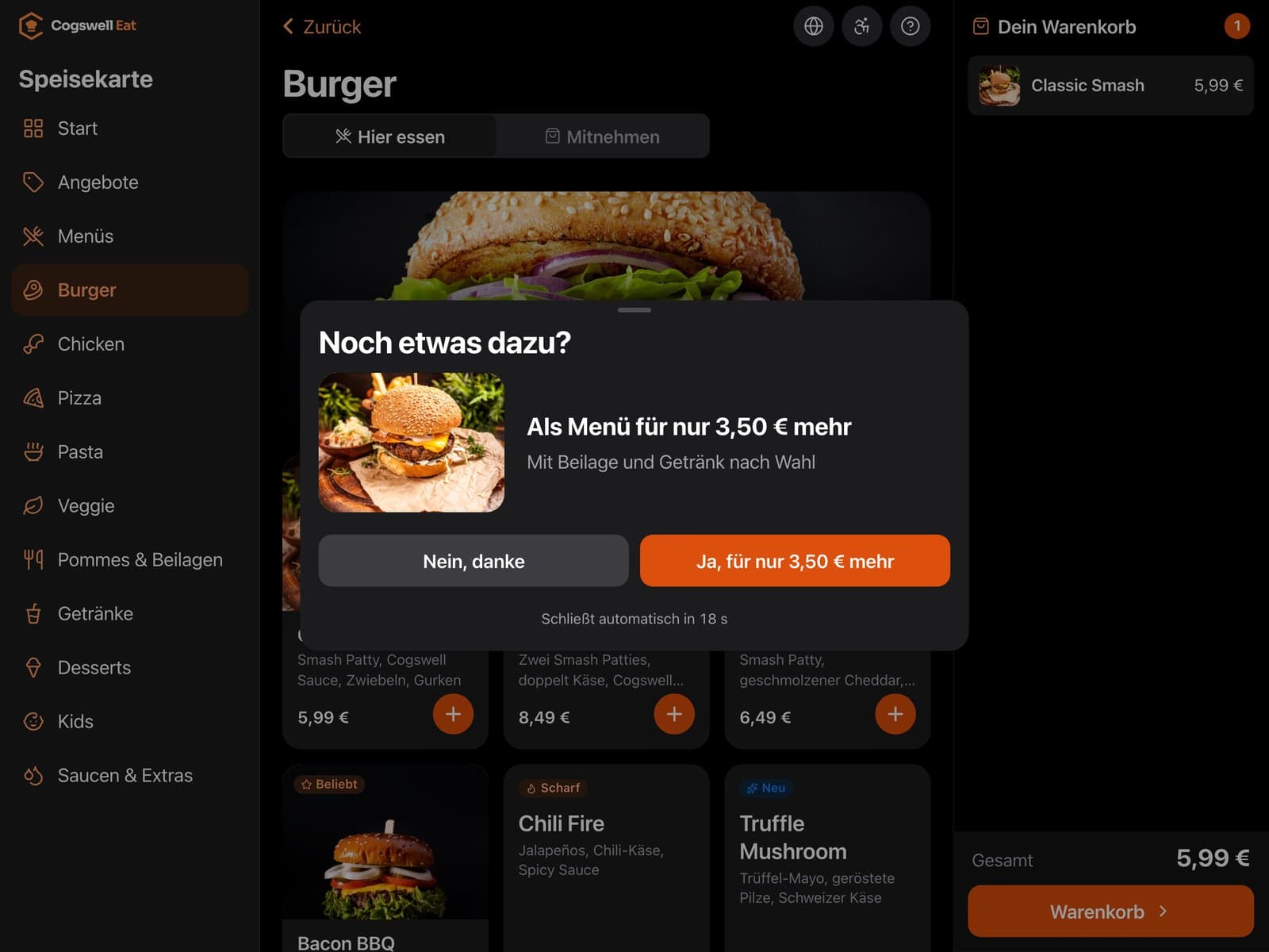 Kiosk: Classic Smash für 5,99 € im Warenkorb, Angebot „Als Menü für nur 3,50 € mehr“ mit den Tasten „Nein, danke“ und „Ja, für nur 3,50 € mehr“