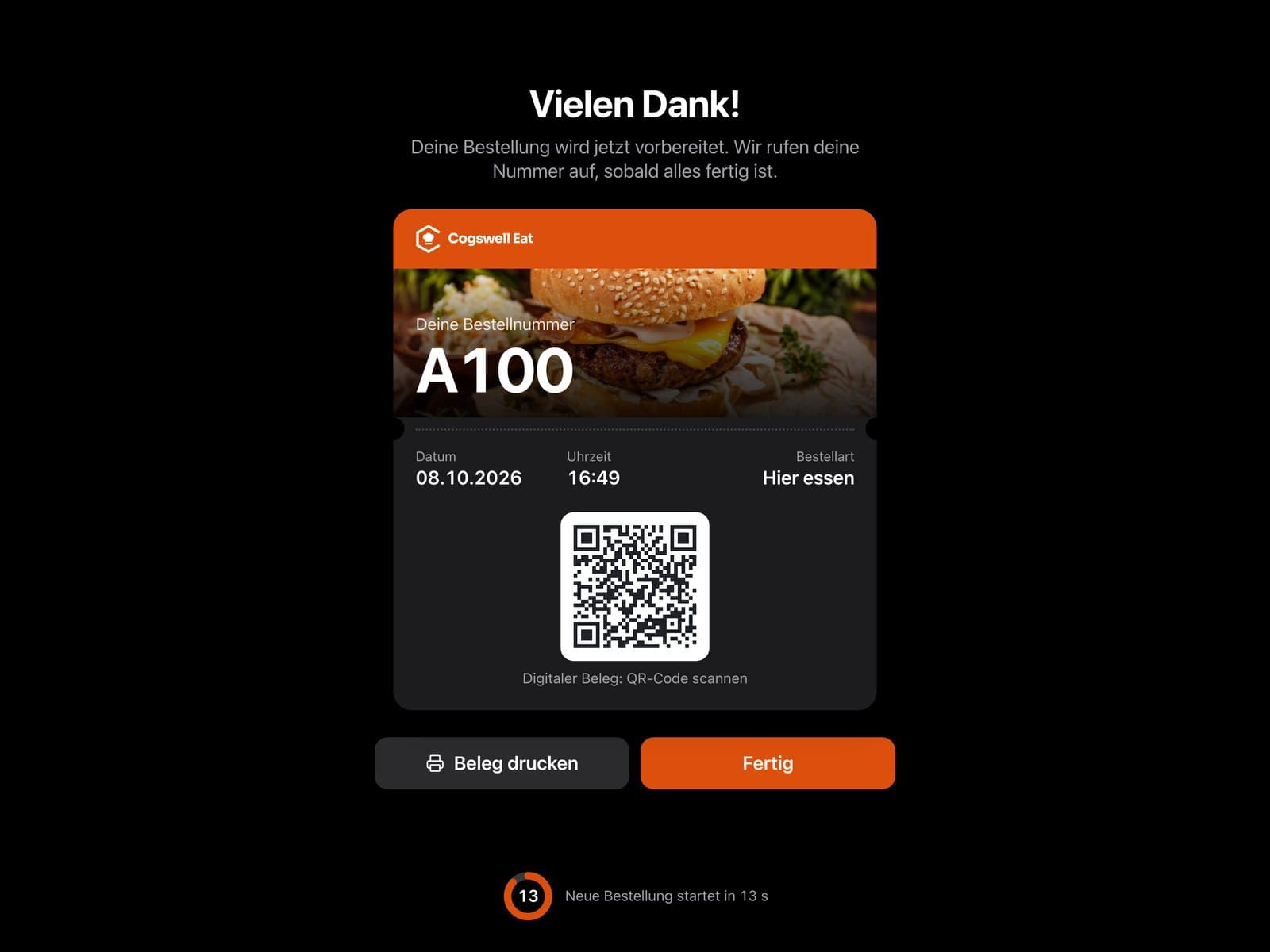 Kiosk nach der Kartenzahlung: „Vielen Dank!“, Bestellnummer A100, Hier essen, QR-Code für den digitalen Beleg