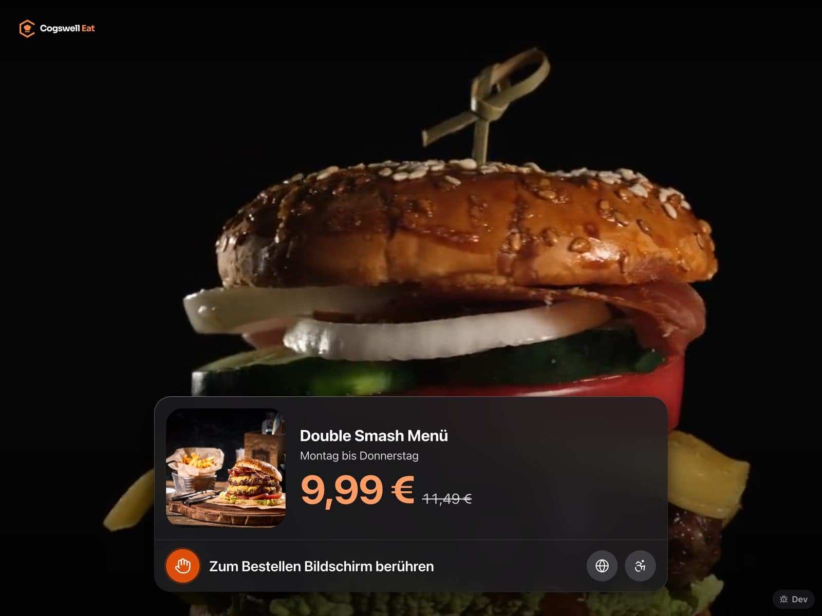 Web-Kiosk: Attract-Screen mit Burger-Video und Angebot Double Smash Menü für 9,99 €