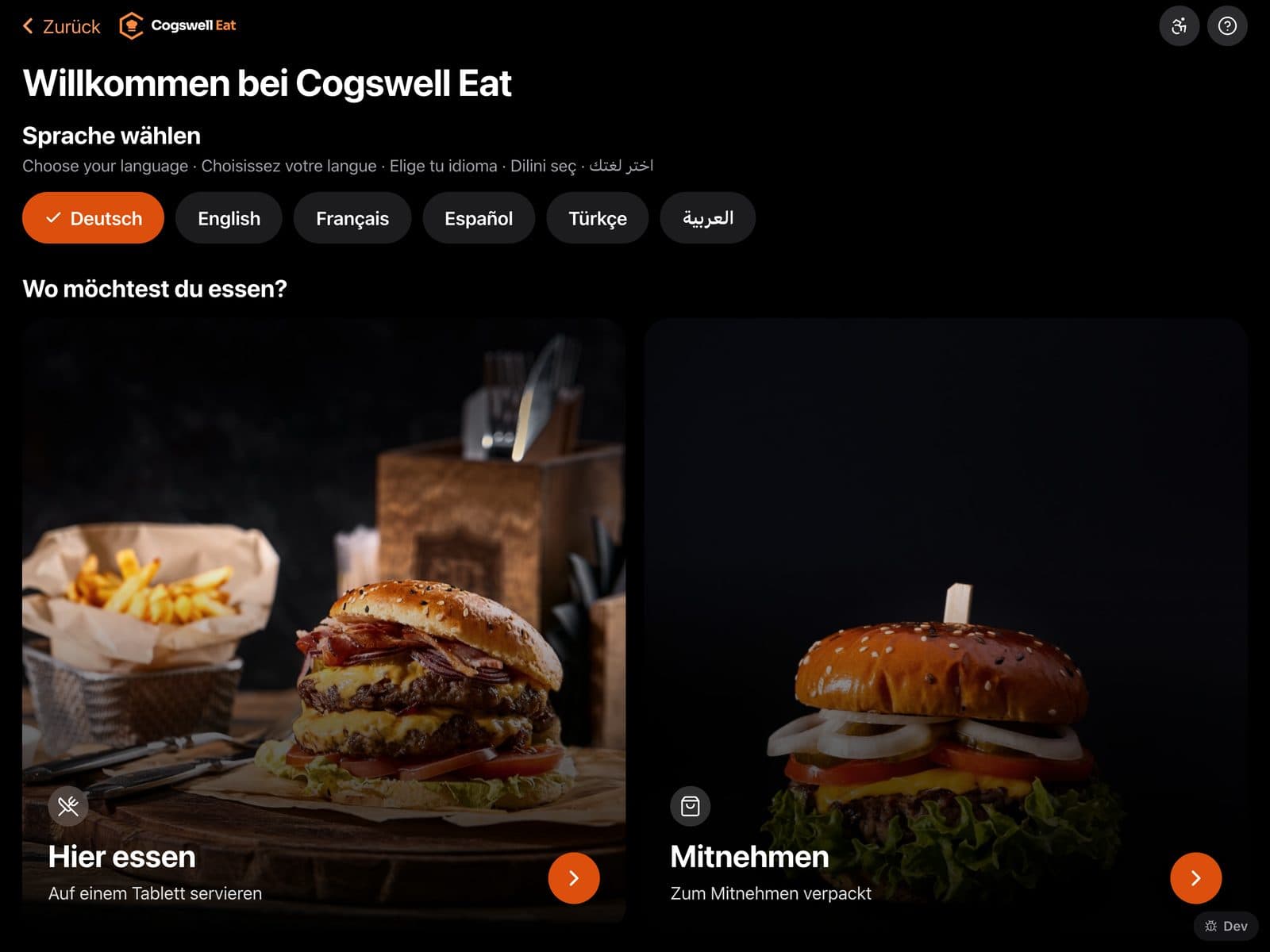 Web-Kiosk: Sprachwahl in sechs Sprachen und Wahl zwischen Hier essen und Mitnehmen