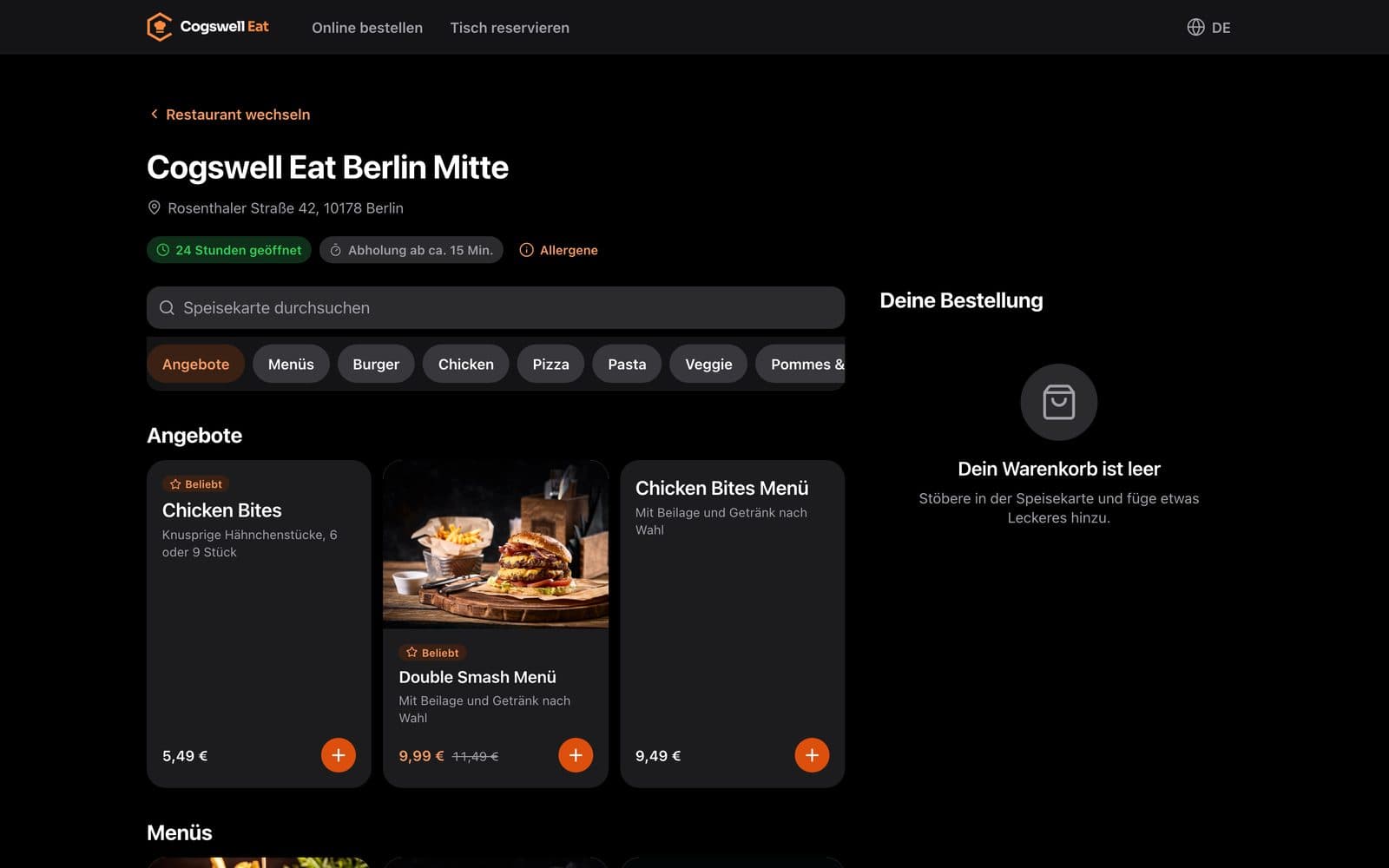 Online-Bestellung am Desktop: Speisekarte mit fester Warenkorb-Spalte rechts