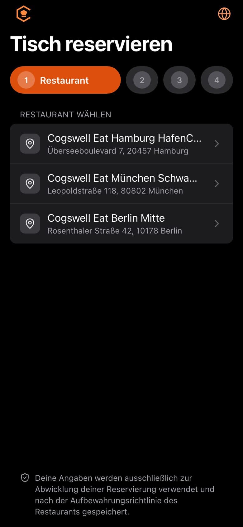 Reservierung: Restaurant wählen aus drei Filialen