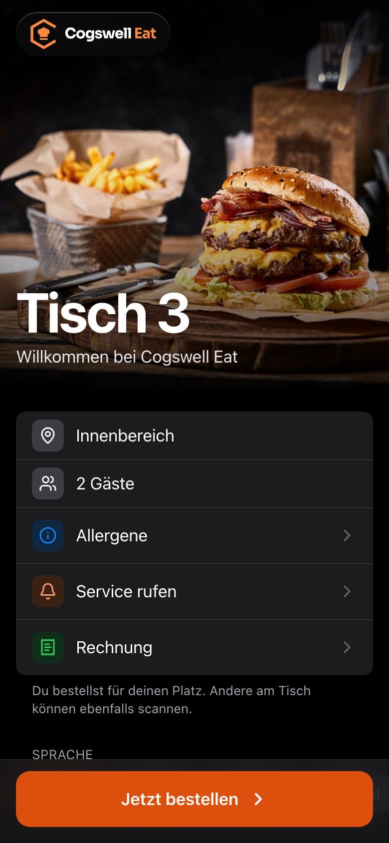 QR-Tischbestellung: Willkommensseite für Tisch 3 mit Service rufen, Rechnung und „Jetzt bestellen“