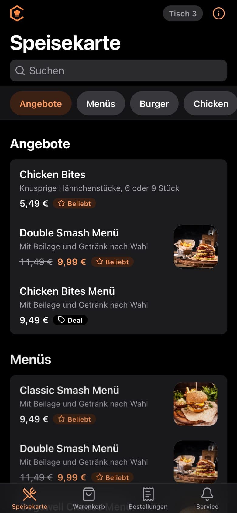 QR-Tischbestellung: Speisekarte am Tisch mit Angeboten und Menüs