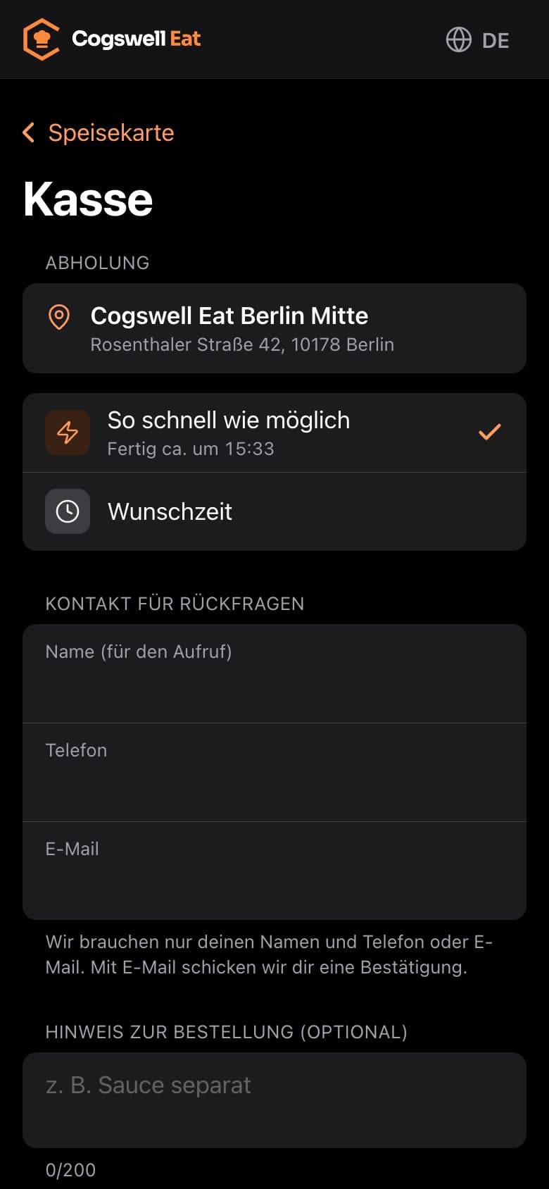 Online-Bestellung: Kasse mit Abholzeit „So schnell wie möglich“ oder Wunschzeit und Kontaktfeldern