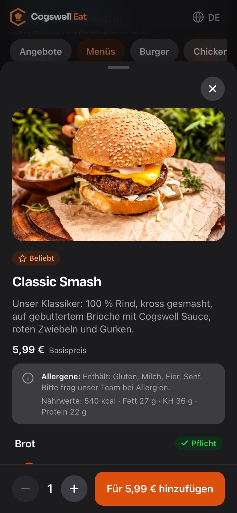 Online-Bestellung: Produktdetail Classic Smash mit Allergenen, Nährwerten und Pflichtwahl Brot