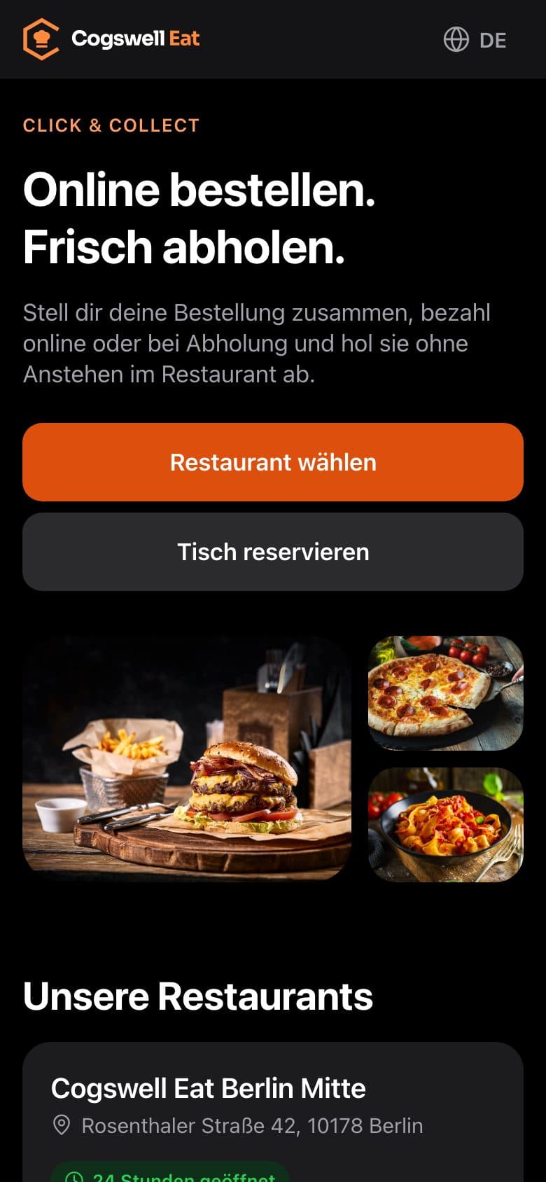 Online-Bestellung auf dem Smartphone: „Online bestellen. Frisch abholen.“ mit Restaurantwahl